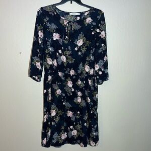 JUSTFAB dress,Lined,Navy Blue w/Pink Roses, elastic waist,Size XXL,3/4 sleeve